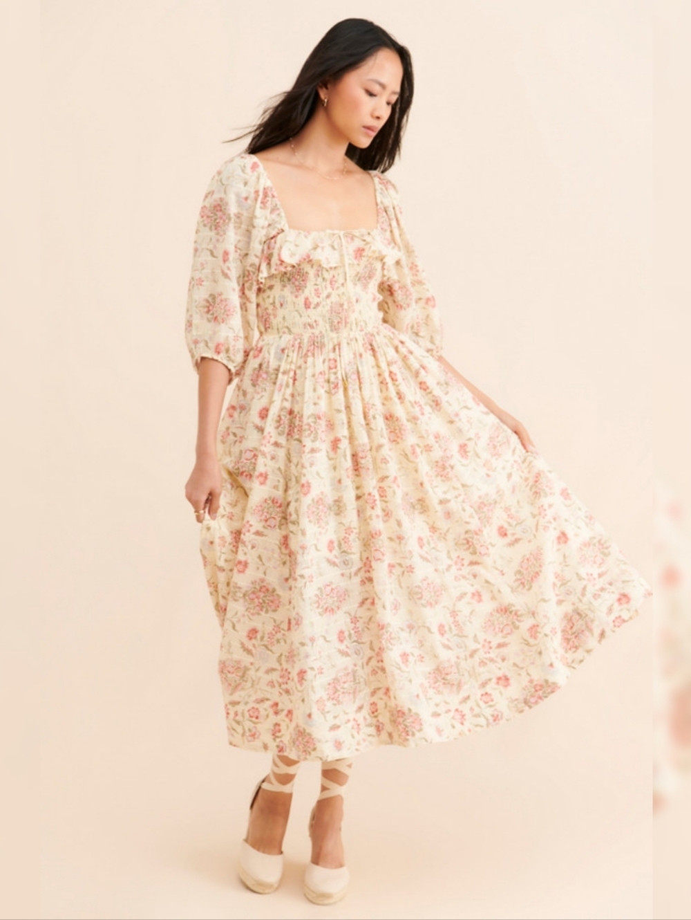 Free‎ People Oasis Printed Midi Dress Ivory Floral Puff Sleeve Women's Medium